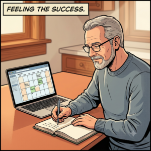 An older man writing in a notebook next to a laptop showing a calendar. Text: Feeling the success