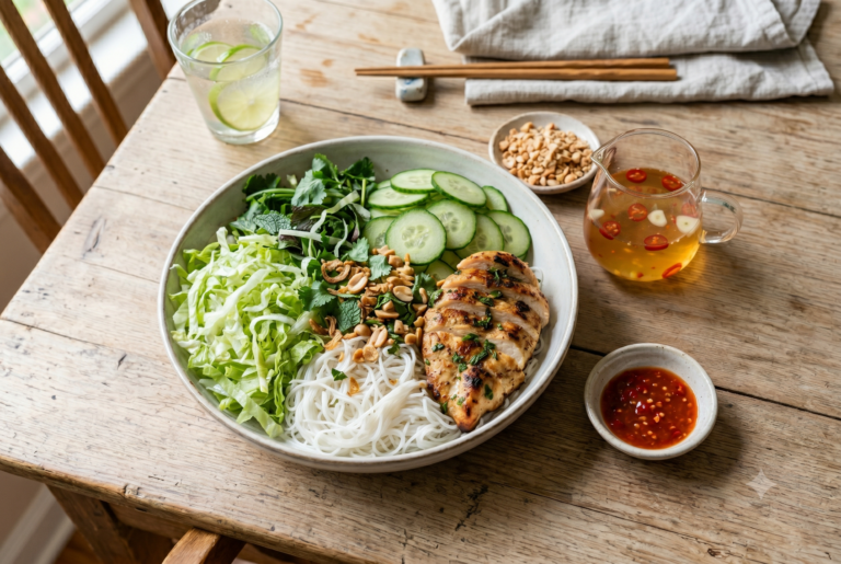A vibrant Vietnamese noodle bowl (Bun) featuring thinly sliced grilled chicken breast arranged over brown rice vermicelli noodles. The bowl is meticulously arranged in distinct rows with clean cucumber matchsticks, fresh green mint, cilantro, and sweet Thai basil, topped with a scatter of toasted sliced almonds. A small glass pitcher of clear, citrus-forward dressing with floating sliced fresh jalapeños sits to the right on a neutral linen napkin next to wooden chopsticks, all resting on a light, rustic wooden workspace.