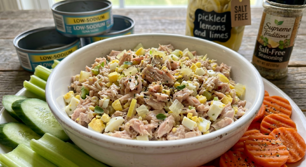A clean white bowl filled with heart-healthy pickled lemon-lime tuna salad seasoned with marjoram, beautifully flanked by fresh cucumber slices, crisp celery sticks, and crinkle-cut carrot coins on a rustic wooden table landscape.