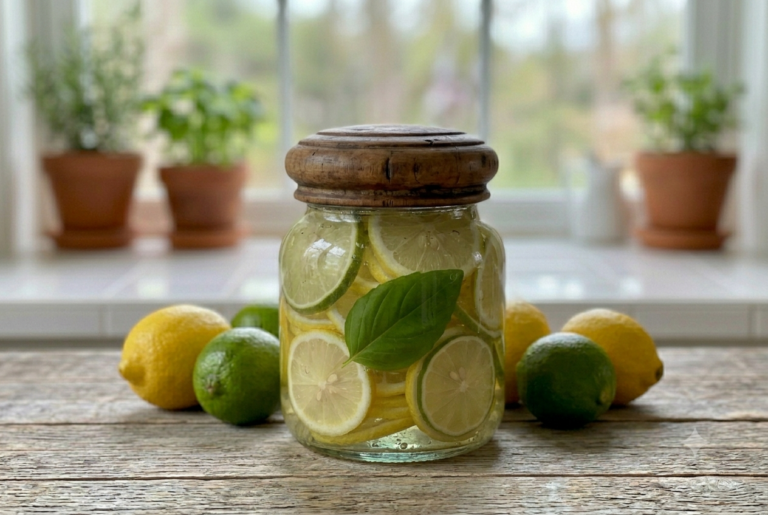 A single glass mason jar filled with bright yellow preserved lemon and green lime slices packed tightly in a clear liquid brine. Fresh green basil leaf is tucked along the inside of the glass alongside thin sliced lemons and limes. The jar sits centered on a rustic wooden table in bright, natural light, emphasizing a simple and fresh homemade ingredient used for boosting flavor.